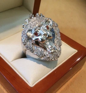 Men's Pinky Ring Lion Tiger Head LEO CZ  Stones Ruby Eyes Silver Tone King Crown - Picture 1 of 10