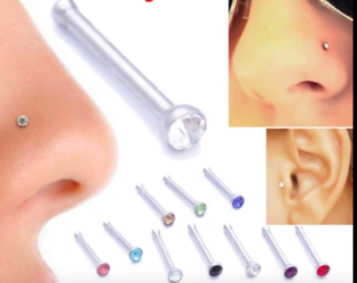20x Straight Nose Studs Surgical Steel Silver Crystal Pin Nose Stud Tragus Bar - Image 1 of 3