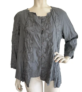 PEACOCK WAYS Top Gray Embroidered Art to Wear Asymmetric Hem 100% Linen One Size - Picture 1 of 7