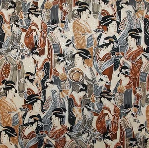 BonEful Fabric FQ Cotton Quilt Cream Silver Metallic Asian Ethnic Geisha Girl UK - Picture 1 of 6
