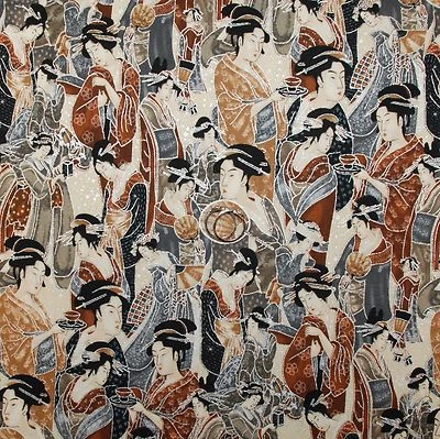 BonEful Fabric FQ Cotton Quilt Cream Silver Metallic Asian Ethnic Geisha Girl UK - Image 1 of 4