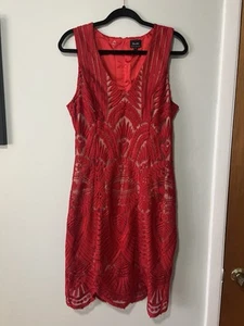 BARDOT Lace Cocktail Dress Embroider Geometric Lace V Neck in Red Sz 10/L - Picture 1 of 7