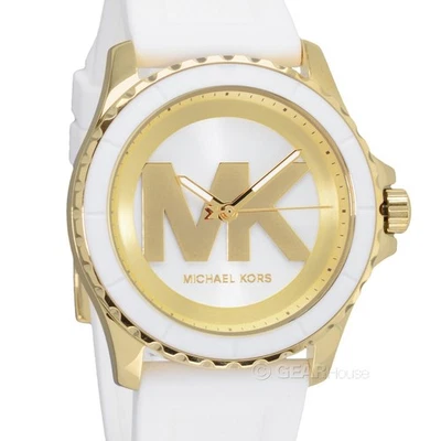Reloj informal Michael Kors Everest dorado para mujer, esfera con logotipo MK, correa de silicona blanca Foto 1 de 4