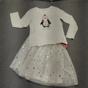 Pinguin Winter Weihnachten 2-teiliges Outfit "Let It Snow" Tutu Set L (10/12) elfenbein & rosa - Bild 1 von 12