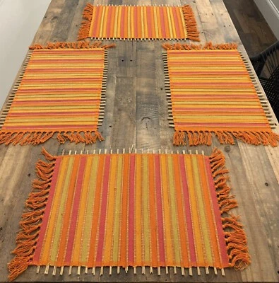 Lot Of 4 Pier 1 WOVEN FABRIC & SRAW 13x19”Placemats: Orange Yellow Green Red - Image 1 of 4