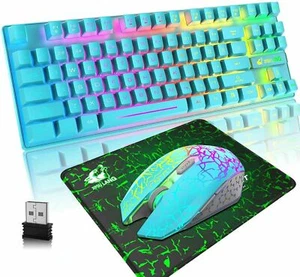 US Rechargeable Wireless Gaming Keyboard Mouse Combo 87 Key Rainbow LED Backlit  - Picture 1 of 16