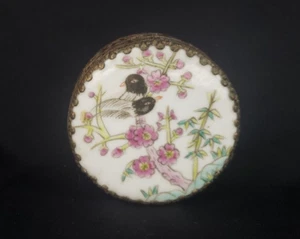Vintage Hand-painted Floral Lovebirds Trinket Box - Porcelain and Metal - Picture 1 of 7