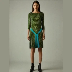 Boden Retro grün blau Langarm 100% Wolle Art Deco Print Midi Kleid Gr. 4 - Bild 1 von 16