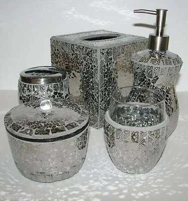 5 PC Grigio, Argento Specchio Vetro Mosaico Sapone Dispenser + Dente + Tumbler+ - Immagine 1 di 4