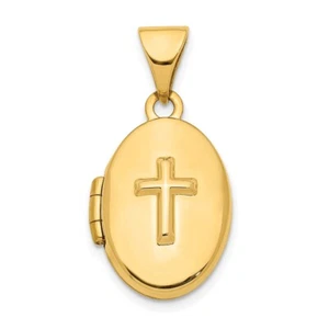 Real 14kt Yellow Gold Cross 16mm Oval Locket Pendant - Picture 1 of 3