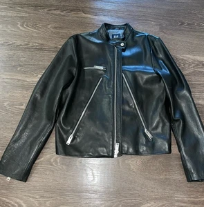 GAP Leather Motorcycle Jacket Women XL Black Full Zip Thick Biker Moto Cafe - Picture 1 of 12