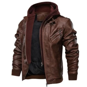 Handmade Men Brown Bomber Style Leather Jacket With Hoodie, Baseball Jackets - Picture 1 of 4