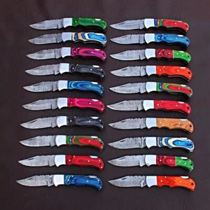 LOT OF 40PCS HANDMADE  DAMASCUS POCKET KNIVES COLORED WOOD HANDLE WITH LEATHER - Picture 1 of 3