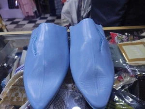 Handcrafted pointed Light Blue Leather Moroccan Slippers , Outdoor-friendly - Picture 1 of 3
