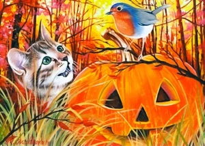 Limited Edition ACEO PRINT Cat Kitten Robin Bird Pumpkin Halloween M. Mishkova - Picture 1 of 1