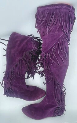 Sam Edelman Western Suede Boots Sz 7.5 Moccasin Fringe Over Knee High Zip Brown - Image 1 of 4