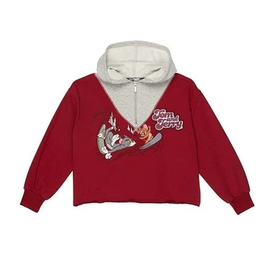 TRUCE Girl's Dark Red Terry Cotton Tom & Jerry Crop Hoodie Big Kids Size L / 14 - Image 1 of 4