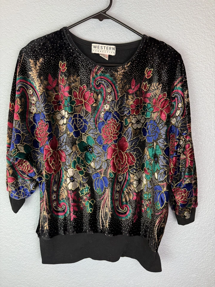 Suéter Vintage Western Connection Mujer Grande Floral Terciopelo Pullover Años 90 Corea Foto 1 de 4