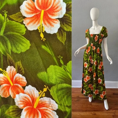 Vintage 60s Psychedelic Green Tropical HAWAIIAN Barkcloth Maxi Hippie Dress S - Image 1 of 4