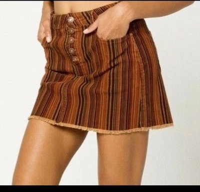 Sky And Sparrow Multicolor Brown Corduroy Stripe Raw Hem Pencil Mini Skirt Sz 5 - Image 1 of 4