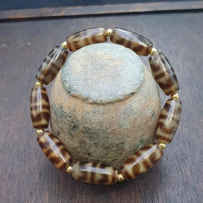 Lote 9 Cuentas Dzi Tibetanas Patrón Diente de Perro Amuletos Antiguos Cuentas de Ágata Pulsera Foto 1 de 4