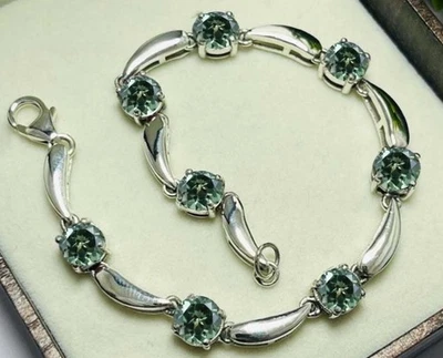 Brazalete redondo de zafiro verde azulado para ella pulsera de tenis vintage de plata de ley 925 Foto 1 de 4