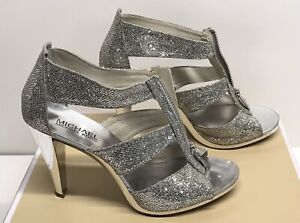 Michael Kors Berkley T Strap Silver Glitter 3.5" Heel Sandals Size 7 1/2 M