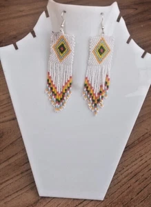 Tribal Earrings Native Large Boho American Seed Beads Handmade Earring - Picture 1 of 2