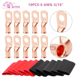 10PCS 6 AWG Gauge-5/16" Copper Lugs W/BLACK RED Heat Shrink Ring Terminals Wire - Picture 1 of 10