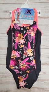 NWT GIRLS ZEROXPOSUR 14 L BLACK HAWAIIAN NEON ORANGE ZIP MESH 1 PC SWIMSUIT - Picture 1 of 9