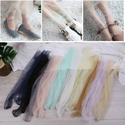 Women Mesh Socks Lace Ruffle Sheer Silky Glitter Fishnet Short Ankle Stockings - Image 1 of 4