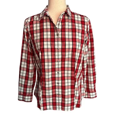 Talbots Women's Button Down Blouse Size 8P Cotton Stretchy Plaid Red - Image 1 of 4