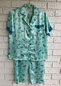 Butterfly Satin Pajama Set Capri Pant Lace Trim Mint 2 Pc Size S So Heavenly NWT