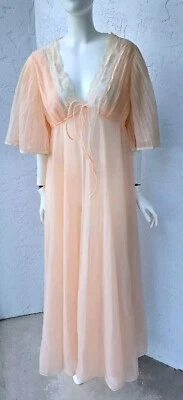 VTG Val Mode Sheer Chiffon Nightgown Long Robe Peach Nylon Long Peignoir Medium  - Image 1 of 4