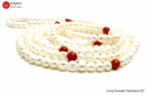 Long 60" Natural 6-7mm White Pearl Necklace for Women Baroque Red Coral Necklace - Picture 1 of 11