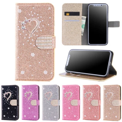 Glitter Wallet Case Diamond Heart Flip Cover for iPhone 16e/15/14/13/12/11 XR SE - Image 1 of 4