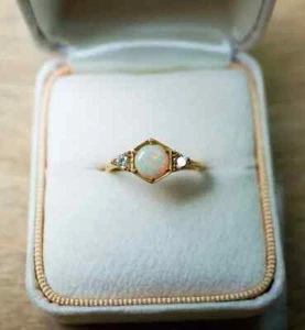 2Ct Round Cut Lab Created Fire Opal Women Engagement Ring 14k Yellow Gold Plated - Picture 1 of 3