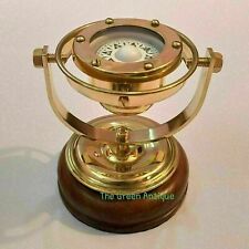 Nautical Brass Wooden Base Maritime Antique Gimble Compass 