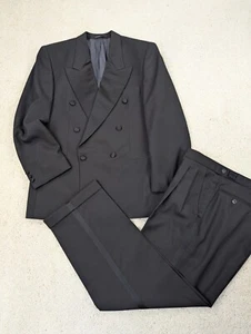 Tuxedo Mens 38R 32x28 Black 2 Piece Suit Wool Double Breasted Formal Peak Lapels - Picture 1 of 21