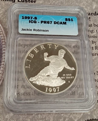 1997 S $1 PCGS PR67DCAM JACKIE ROBINSON TP-4294 - Image 1 of 2