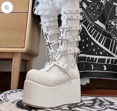 Botas Lolita Blanco Plataforma Trendy Misa Cross ON1523 Talla 7 Foto 1 de 4