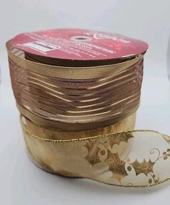 Kirkland Wire Edge Ribbon Lot 2 Rolls Gold Stripe & Holly ~50 Yds Total Crafts - Picture 1 of 7