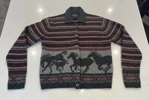 Woolrich 100% Wool Button Up Sweater Women’s Size S Horses Vintage - Picture 1 of 11