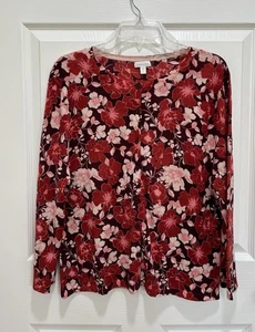 GARNET HILL Pullover Strickjacke Damen XL rot geblümt Merinowolle 3/4 Arm - Bild 1 von 8