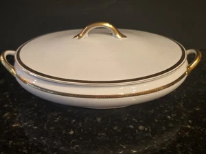 Noritake " The Crete" 12"x 9 Covered Serving Bowl - Gold Grecian Key Trim - Picture 1 of 17