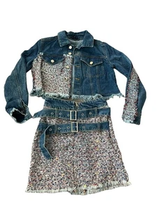 Fashion Nova Cropped Tweed Denim Jacket Skirt Set Raw Hem Size XS  NWT - Picture 1 of 20