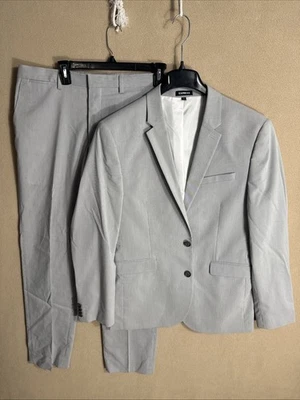 Express 40R Extra Slim Fit 35x29 Blue White Textured Seersucker Cotton Stretch - Image 1 of 4