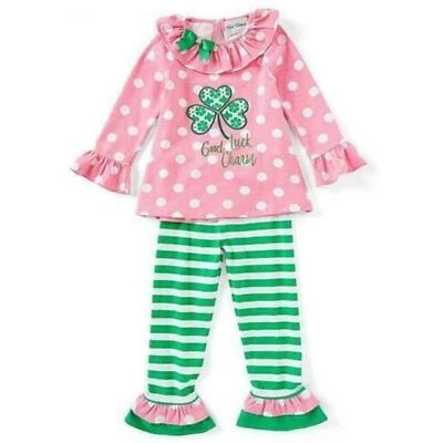 EDICIONES RARAS, Túnica Rosa Lunares con Pantalones Verdes, Conjunto "Good Luck Charm", Nuevo con Etiquetas Foto 1 de 4