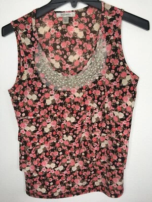 Dress Barn Women's Sleeveless Floral Tank Top Beaded Neck Pink Black Size Petite - Image 1 of 4
