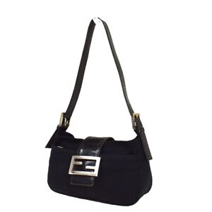 FENDI Logo Zucca Logo Mini Shoulder Bag Canvas Leather Black Silver 69YC362